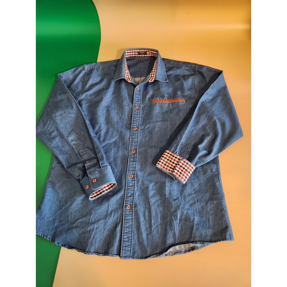 COOFANDY Button Down Shirt Mens L Blue Denim Look Plaid Contrast Long Sleeve